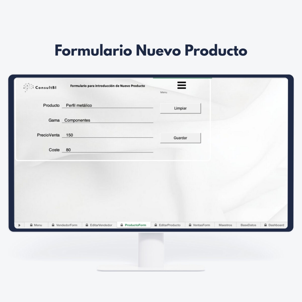 Pantalla de ordenador con formulario de introducción de producto - Gestión de datos y análisis en sector industrial