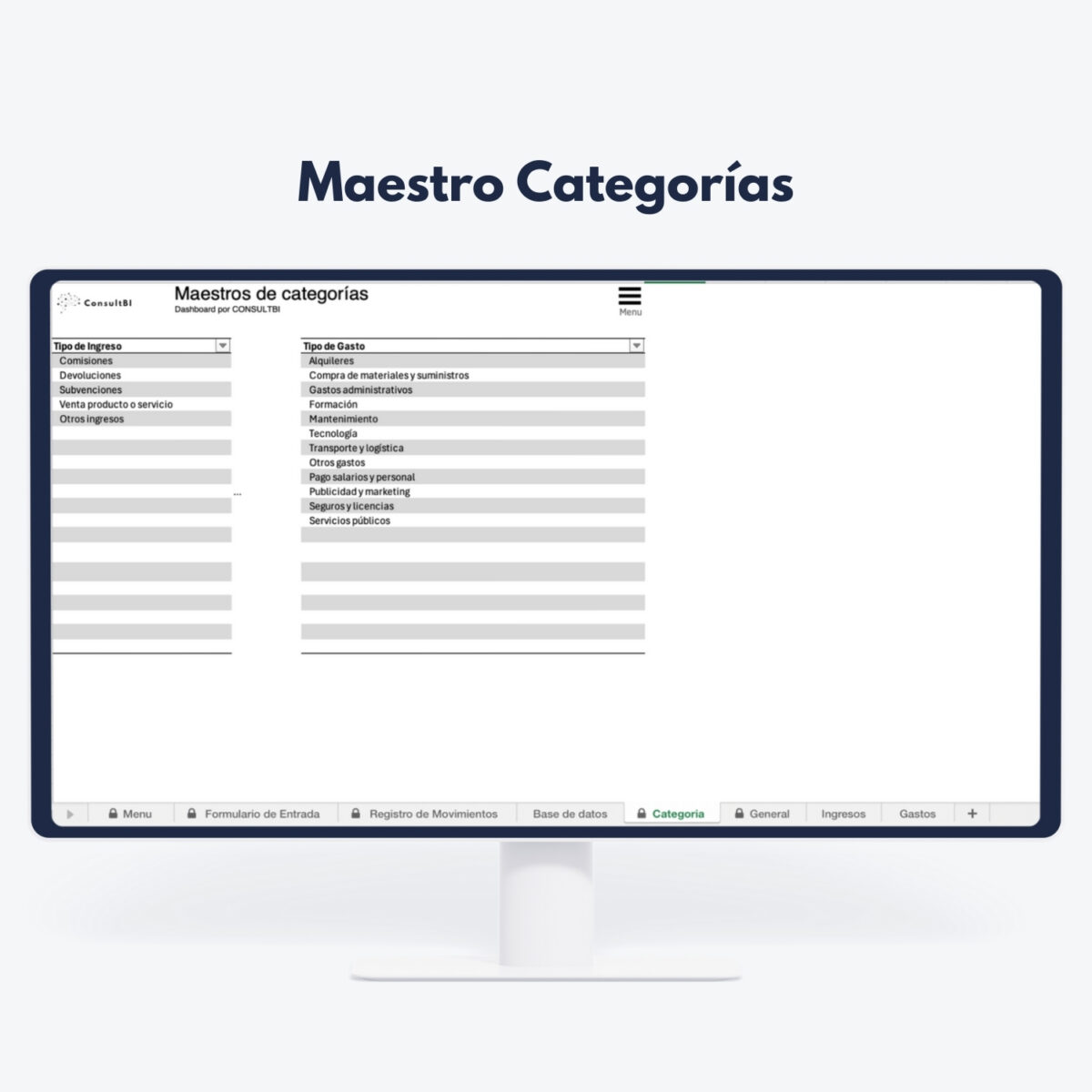 Pantalla de ordenador con interfaz de categorías financieras - Gestión y análisis de ingresos y gastos empresariales
