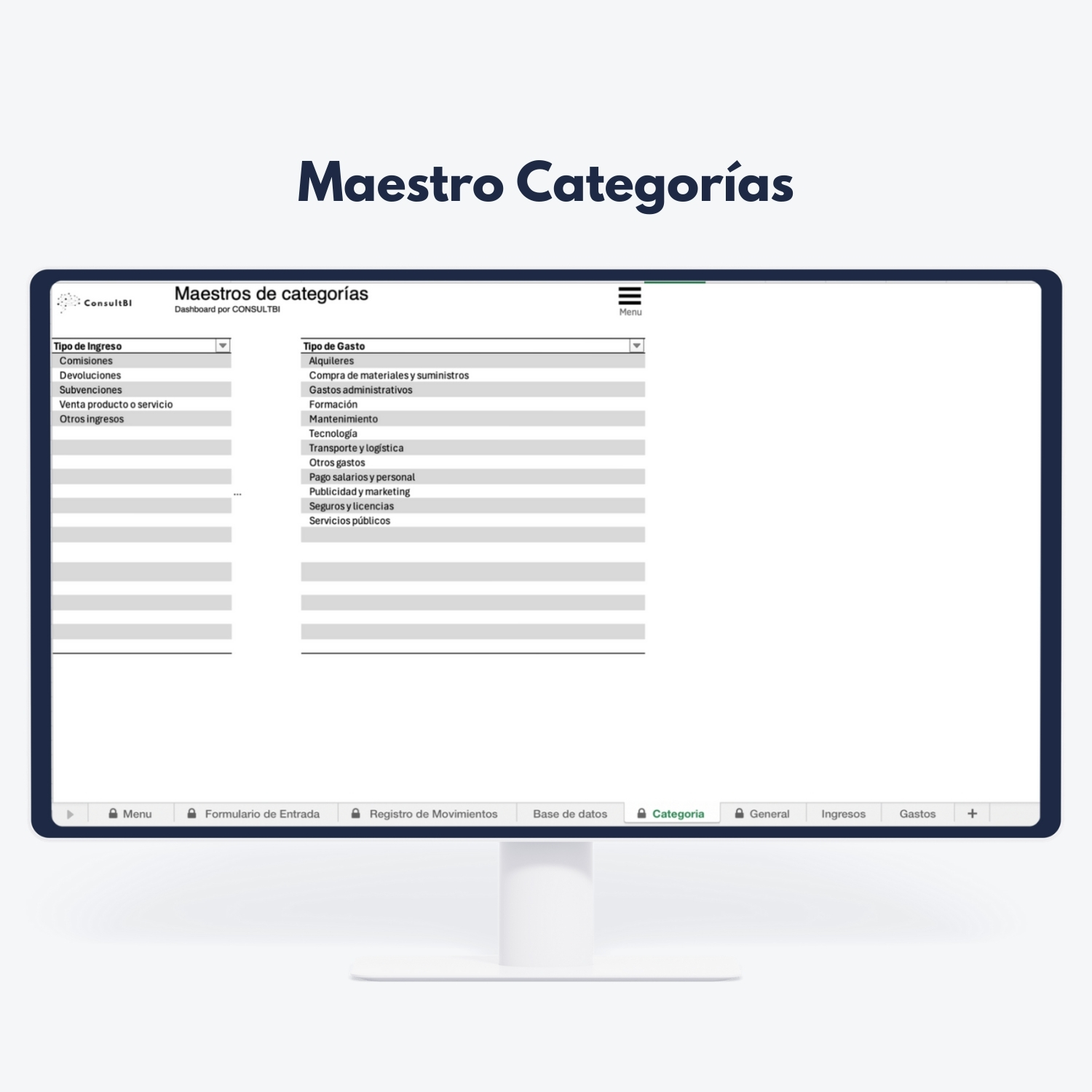 Pantalla de ordenador con interfaz de categorías financieras - Gestión y análisis de ingresos y gastos empresariales