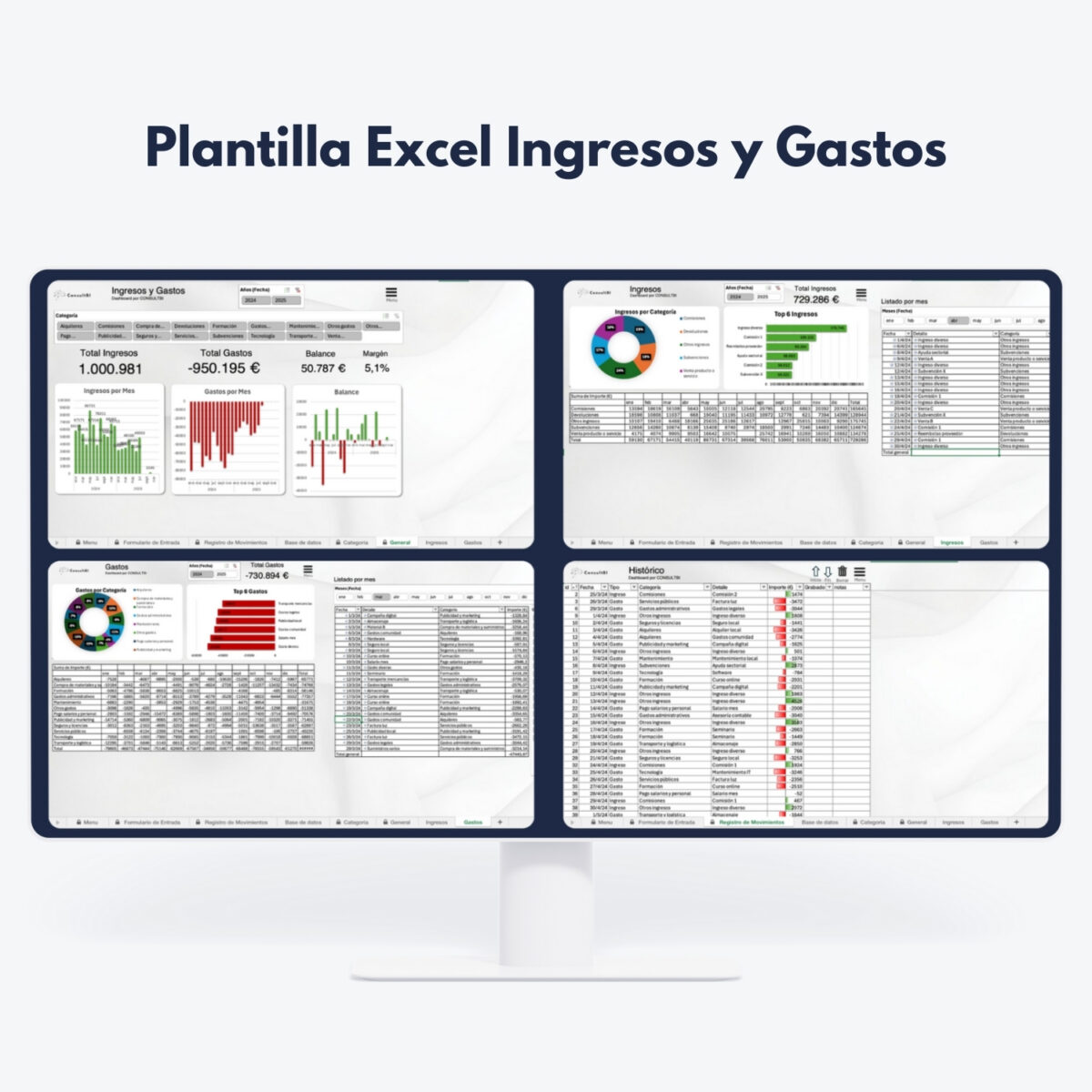 Pantalla con plantilla Excel mostrando ingresos, gastos y gráficos financieros - Análisis y gestión presupuestaria
