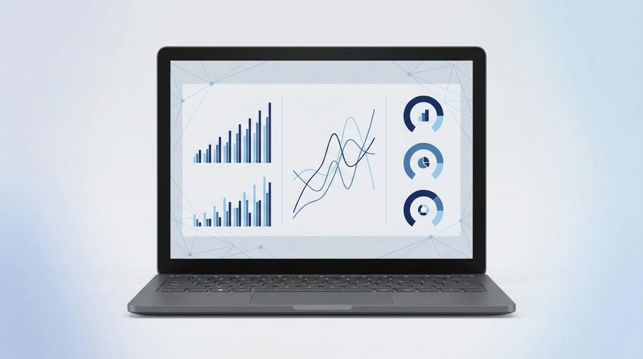 Portátil mostrando dashboard con gráficos y KPIs variados - Visualización de datos para análisis financiero